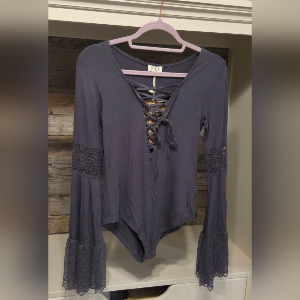 POL Elegant Slate Blue Lace-Up Bodysuit With Bell Sleeves
